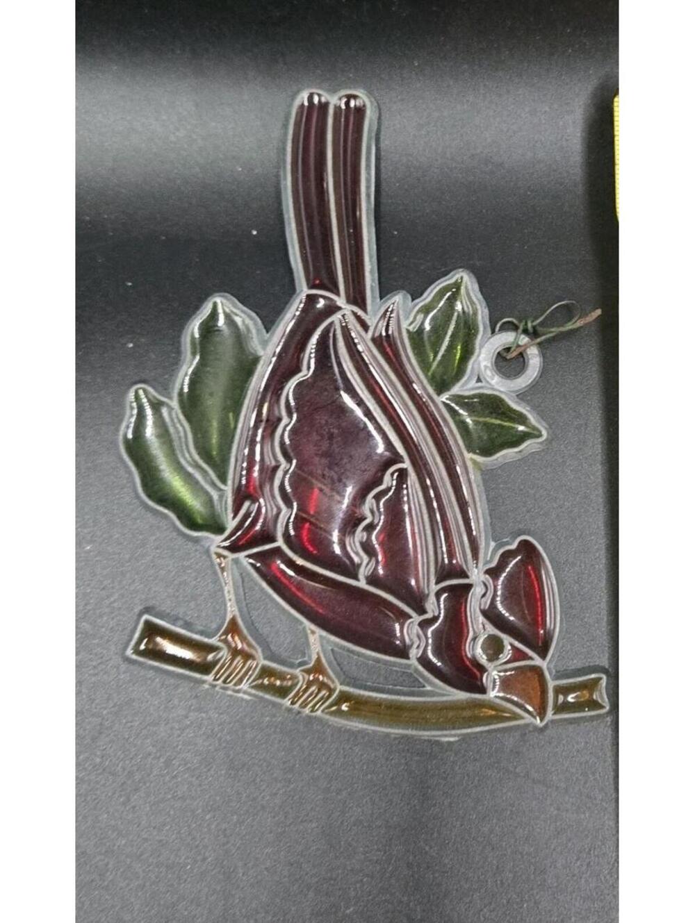 Vintage 3” x 4" Stained Glass Suncatcher Cardinal Red Bird Ornament Green Leaves